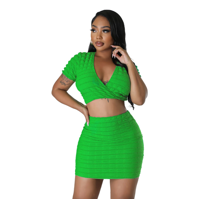 Summer Women Clothing Sexy Popcorn Bubble Two Piece Skirt Set-Green-Fancey Boutique