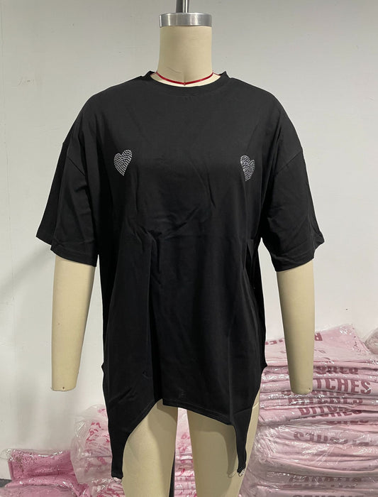 Loose Lazy Top Women Outer Wear Four Seasons Irregular Asymmetric Mid Length Rhinestone Fixed Short Sleeve T shirt-Black Heart-Fancey Boutique