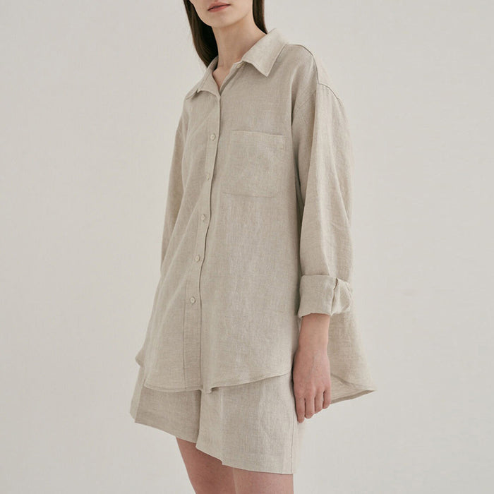 Women Linen Shirt Shorts Casual Set Loose Casual Laid Back Cotton Linen Shirt Two Piece Set-Hemp Color-Fancey Boutique