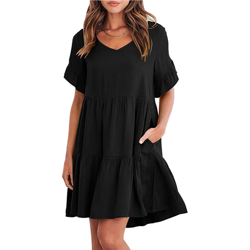 Color-Black-Women Summer Casual V Neck Little Girl Clothes Three Layer Pleated Dress-Fancey Boutique