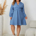 Color-Blue-Plus Size Collared Strap Solid Color Waist Controlled Slimming Long Sleeve Dress Women-Fancey Boutique