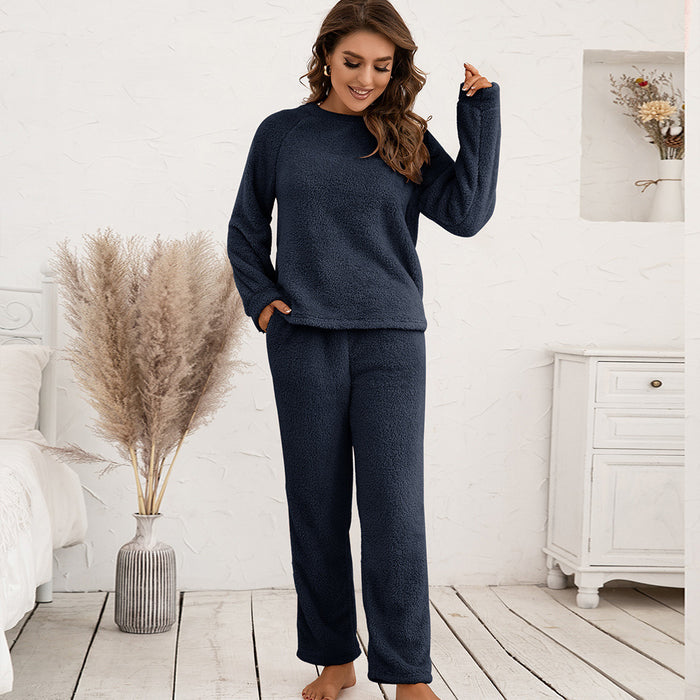 Color-Navy Blue-Plush Hooded Sweater Set Loose Casual Homewear Double-Sided Plush Two-Piece Set for Women Plus Size-Fancey Boutique