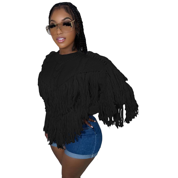 Color-Black-Autumn Winter Knitted Hand Crochet Tassel Sweater Top-Fancey Boutique