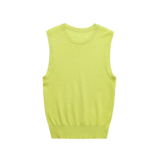 Women Clothing Summer Striped Basic Round Neck Sleeveless Knitted Top-fluorescent green-Fancey Boutique