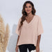 Color-Apricot-Summer V-neck Simplicity Stitching Solid Color Top T-shirt-Fancey Boutique