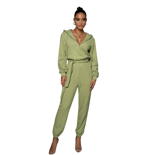 Color-Green-Autumn Winter Slim Fit Long Sleeve Solid Color Hooded Half Open Collar Urban Casual Women Jumpsuit-Fancey Boutique