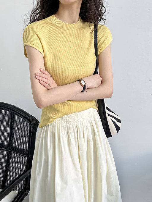Spring Summer Slim Fit Cashmere Knitwear Top Simple Drop Shoulder Soft Glutinous Short Sleeve Bottoming Shirt Women-Yellow-Fancey Boutique