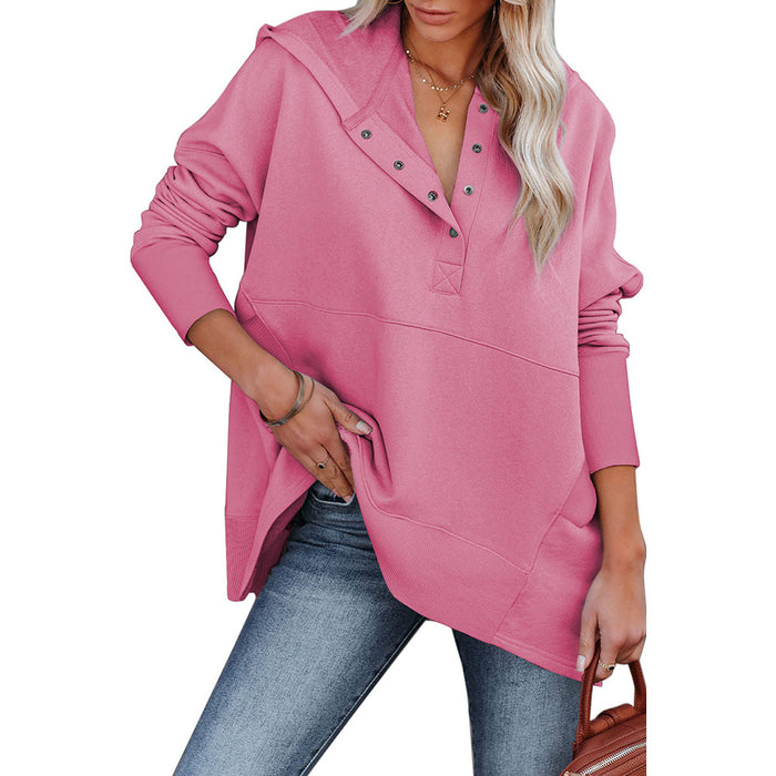 Color-Pink-Loose Hooded Sweater Women Mid Length Autumn Winter Solid Color Casual Bottoming Shirt Top-Fancey Boutique