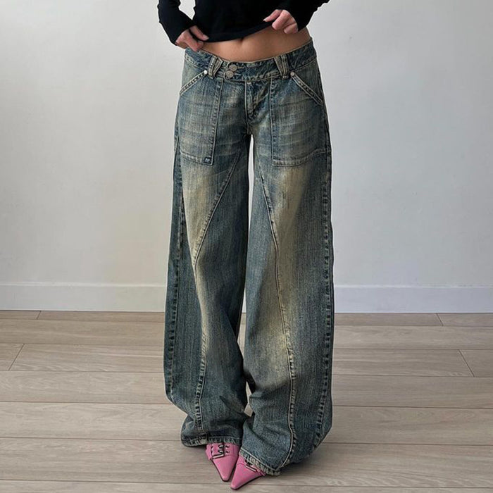 Retro Distressed Irregular Asymmetric Split Pocket Jeans Low Waist Sexy Loose Casual All Matching Wide Leg Pants-Fancey Boutique