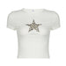 Leopard Print Five Pointed Star Collage Personality round Neck T shirt Sexy Exposed Cropped Shoulder Slimming Casual Short Sleeve-White-Fancey Boutique