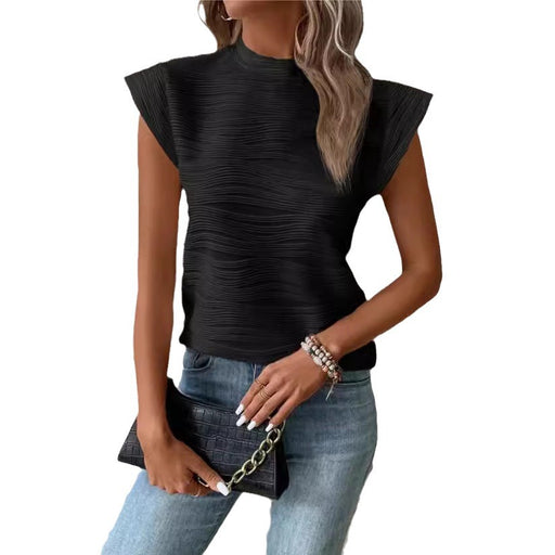 Pullover Beautiful Clothes Summer Half Turtleneck Water Ripple Back Buttoned Short Sleeve T Shirt-Black-Fancey Boutique