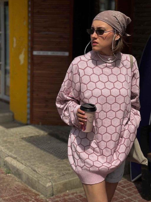 Round Neck Bee Sweater Autumn Winter Loose Lattice Pullover Sweater for Women-Pink-Fancey Boutique