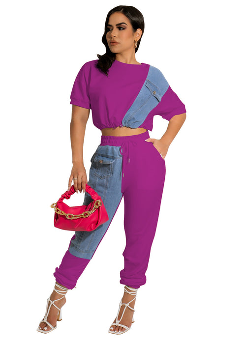 Color-Purple-Denim Casual Set Denim Combination Casual Sports Set-Fancey Boutique