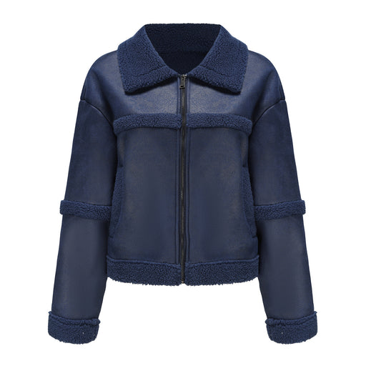 Color-Navy Blue-Autumn Winter Suede Women Fashionable Warm Fleece Leather Jacket Casual Windproof Coat Women Clothing-Fancey Boutique