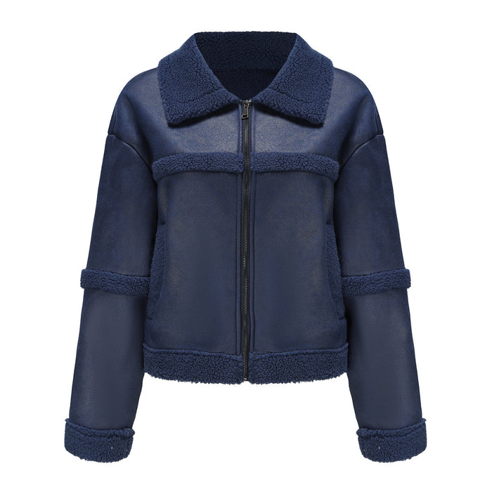 Color-Navy Blue-Autumn Winter Suede Women Fashionable Warm Fleece Leather Jacket Casual Windproof Coat Women Clothing-Fancey Boutique