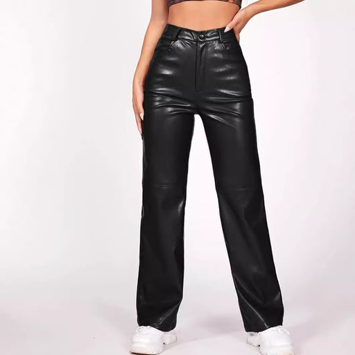 Women Pants High Waist Trousers Button Faux Leather Pocket Straight Leather Pants Autumn Winter-Fancey Boutique