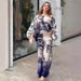 Print Long Sleeve Batwing Shirt Wide Leg Pants Suit Belt Delivery-Fancey Boutique