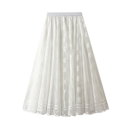 Color-White-Lace Skirt Women Spring Draping Effect Slimming A Line Skirt Pleated Mesh Long Skirt-Fancey Boutique