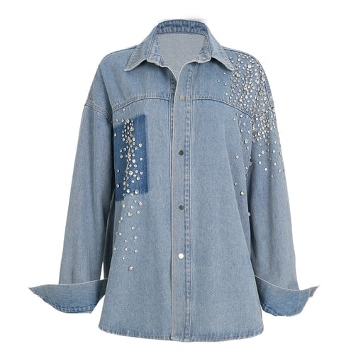 Color-Water Blue-Autumn Super Heavy Industry Diamonds Irregular Asymmetric Washing Water Denim Shacket Loose-Fancey Boutique