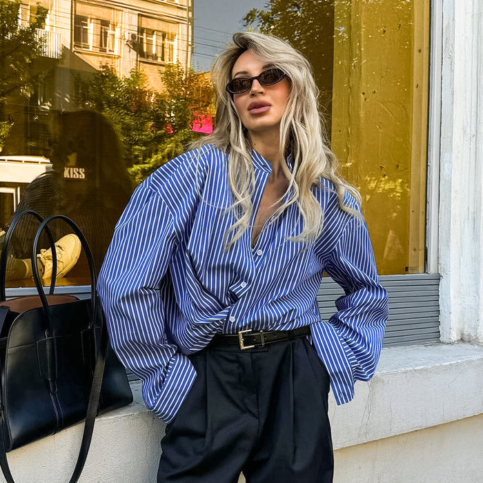 Autumn Casual Street Blue White Striped Loose Cardigan Shirt High Grade Niche Shirt-Fancey Boutique