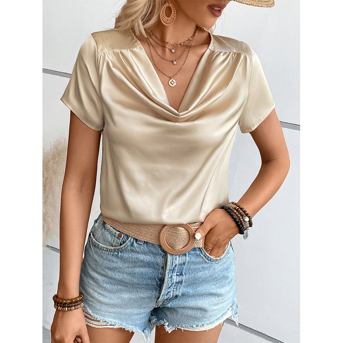 Solid Color Satin Short Sleeved Women Thin T shirt Loose Top Women round Neck Bottoming Shirt-Fancey Boutique