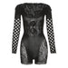 Color-Summer Women Sexy Mesh See through Hollow Out Cutout round Neck Long Sleeve Tight Romper for Women-Fancey Boutique