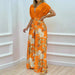 Color-Orange Printed-Women Clothing Summer Elegant V neck Printed Wide Leg Pants Casual Set-Fancey Boutique