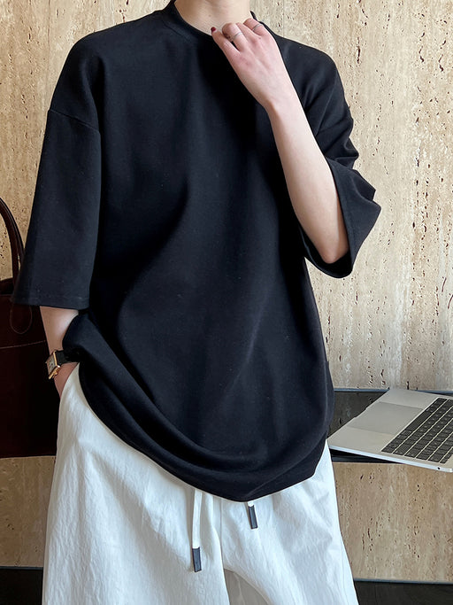 Korean Brushed Half Sleeve T shirt Women Drop Shoulder Large Minimalist Bottoming Shirt Short Sleeve Top-Black-Fancey Boutique