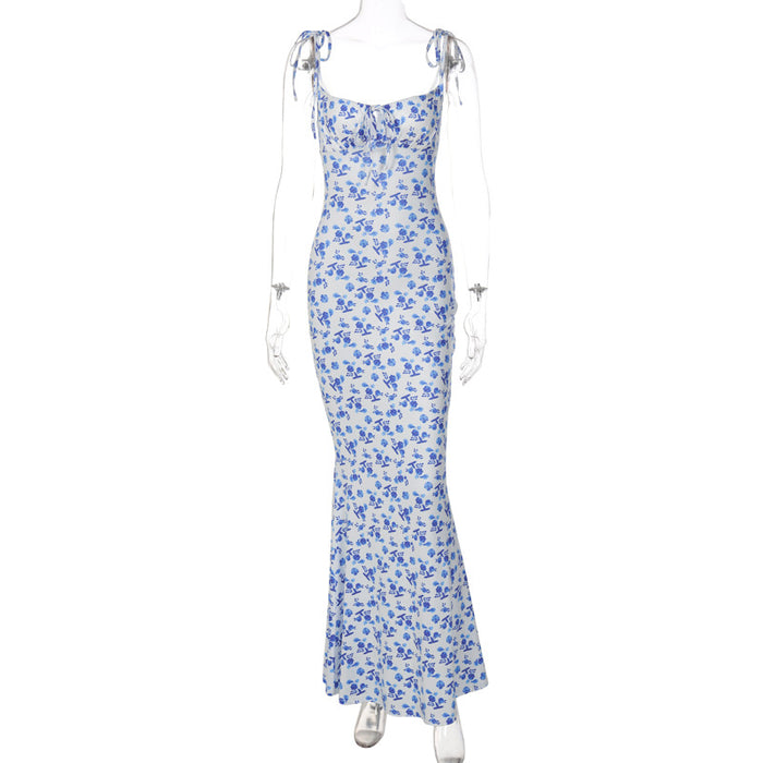 Color-Blue-Summer Small Floral Strap Large Swing Dress Dress Women Clothing-Fancey Boutique