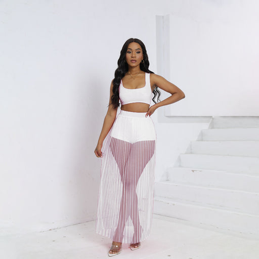 Color-White-Sexy Women Clothing Vest Skirt Shorts Three Piece Beach See through Pleated Mesh Skirt Set-Fancey Boutique