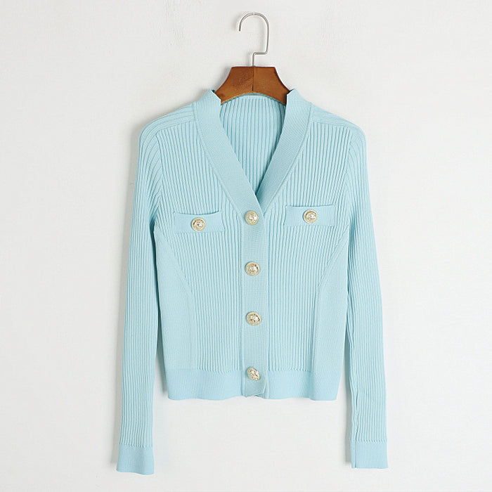 Color-Blue Cardigan-Round Neck Metal Buckle Set Early Autumn Winter French Faux Pocket Stand Collar Jacket with Skirt Knitted Two Piece-Fancey Boutique