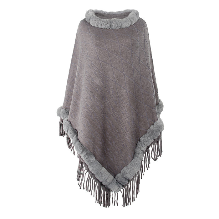 Color-Gray-Women Clothing Autumn Winter Fur Collar Solid Color Knitted Cape Shawl-Fancey Boutique