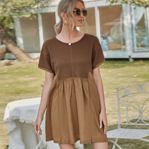Color-Camel-Summer Solid Color Waffle Stitching Short Sleeve A Line Top Casual Simple Loose Dress Women-Fancey Boutique