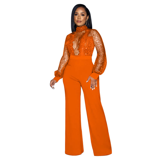 Color-Orange-Women Wear Hollow Out Cutout out See through Long Sleeved Trousers Lace up Jumpsuit-Fancey Boutique