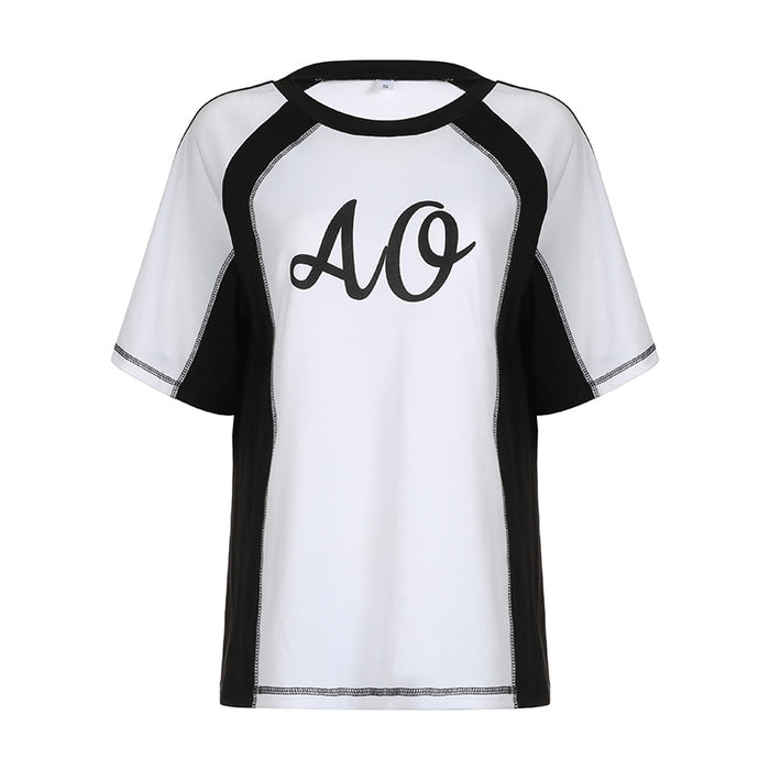 Street Letter Graphic Print Contrast Color Loose Motorcycle T shirt Sexy Anti Open Threadline Casual All Match Short Sleeved-Black and white-Fancey Boutique