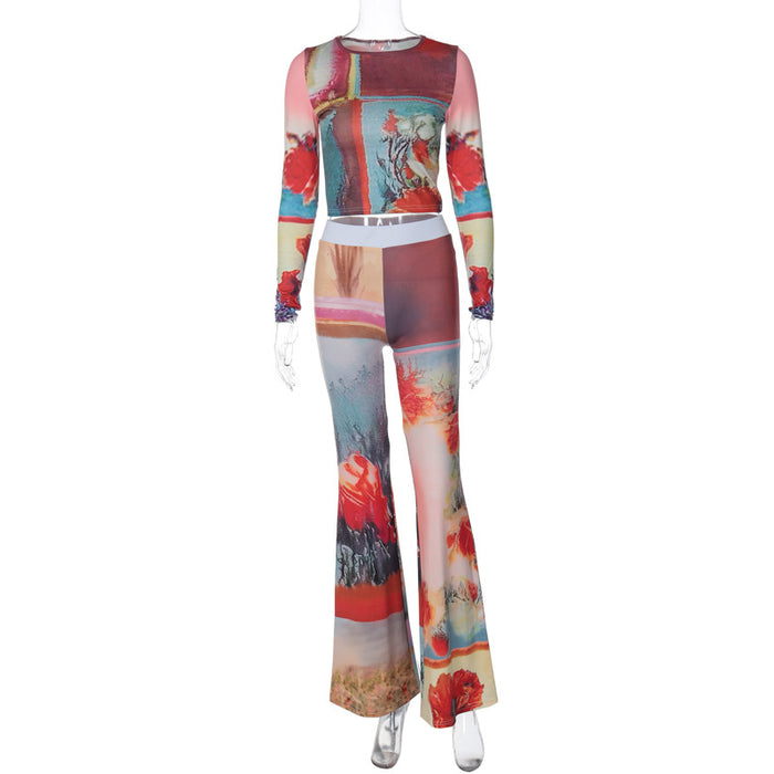 Color-Multi-Long Sleeve Top Bell Bottom Pants Two-Piece Autumn Winter Women Clothing Printing Suit Women-Fancey Boutique