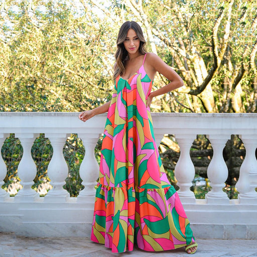 Color-Multi-Spring Summer Women Clothing Deep V Plunge neck Backless Dress Bohemian Floral Strap Maxi Dress-Fancey Boutique