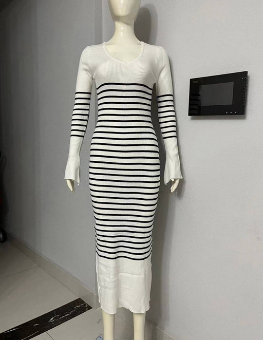 Color-Stripe-Knitted Dress V Neck Casual Dehaired Angora Covering Yarn Waist Tight Sunken Stripe Slimming Stripes Knitted Dress Women-Fancey Boutique