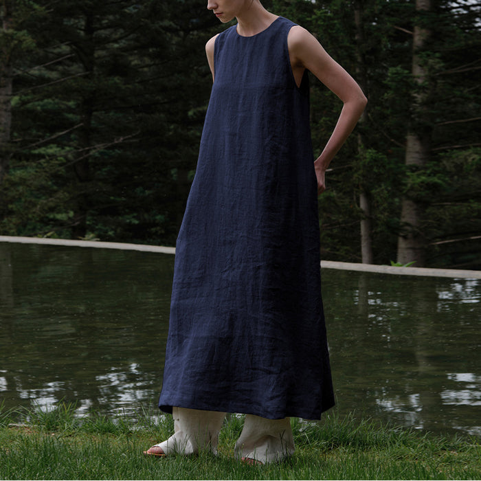 Color-Purplish blue-Cotton Linen Maxi Dress Summer French Pastoral Sleeveless Backless Hollow Out Cutout Niche Casual Loose Maxi Dress-Fancey Boutique