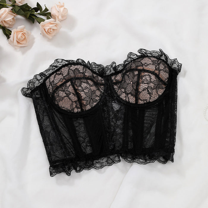 Color-Black-Boning Corset Bra Internet Famous Sexy Silver String Lace Ribbon Chest Pad Vest Bra Outer Wear Corset-Fancey Boutique