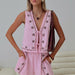 Embroidered V Neck Sent To Cotton Linen Shorts Suit Summer-Pink-Fancey Boutique