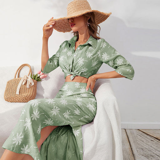 Color-Green-Summer Vacation Shirt Dress Printed Half Sleeve Women Summer Skirt Set-Fancey Boutique
