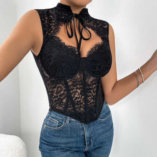 Sexy Lace Transparent Mesh Boning Corset Corset Sexy Outer Wear Vest-Black-Fancey Boutique