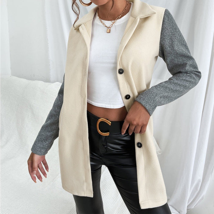 Color-Apricot-Casual Single Breasted Color Matching Trench Coat Office Contrast Color Top Women-Fancey Boutique