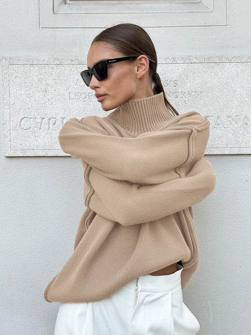 Patchwork Turtleneck Sweater Women Autumn Winter Casual Loose Idle Thickened Sweaters Pullover-Khaki-Fancey Boutique