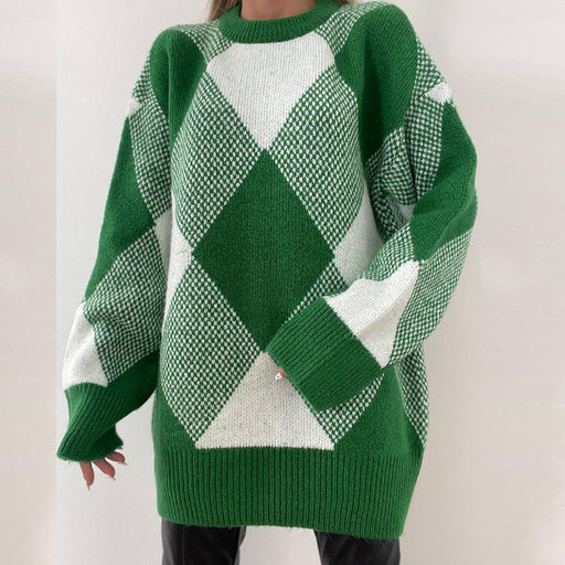 Color-Green-Half Turtleneck Pullover Sweater Loose Green Diamond Lattice Sweater-Fancey Boutique