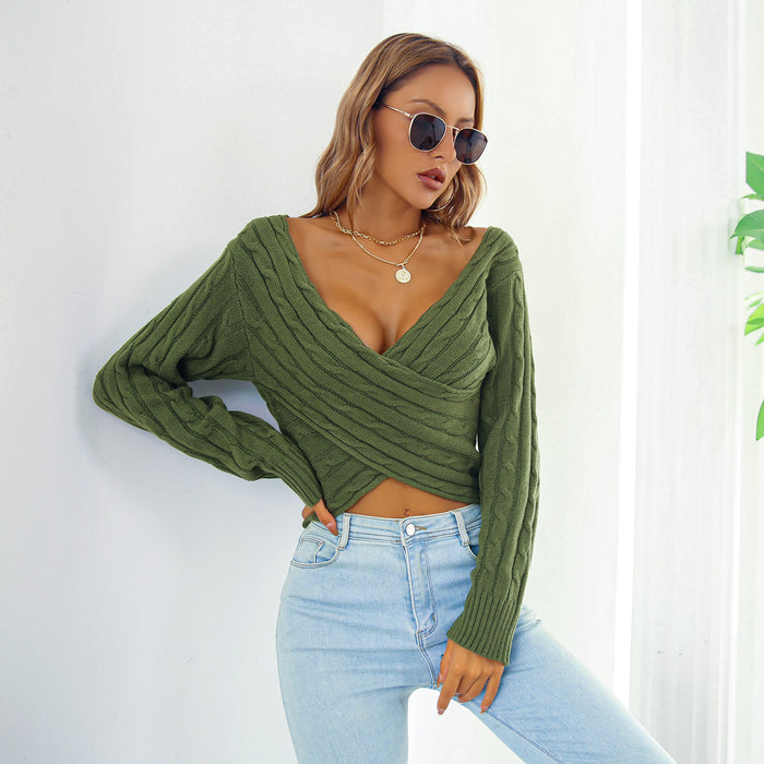 Color-Army Green-Women Clothing Autumn Winter Street Criss Cross V neck Twist Long Sleeve Pullover cropped Sweater-Fancey Boutique