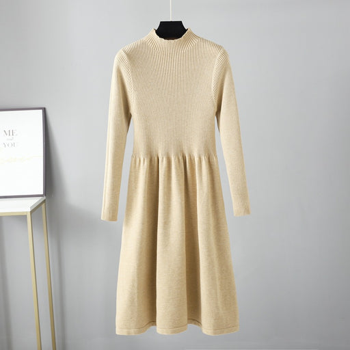Color-Khaki-Half Turtleneck Knitted Dress Autumn Winter Long Sleeve Waist Controlled Base Slim Black Woolen Women-Fancey Boutique