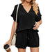 Color-Black-Spring Summer Solid Color V Neck Loose T Shirt Shorts Home Casual Suit-Fancey Boutique