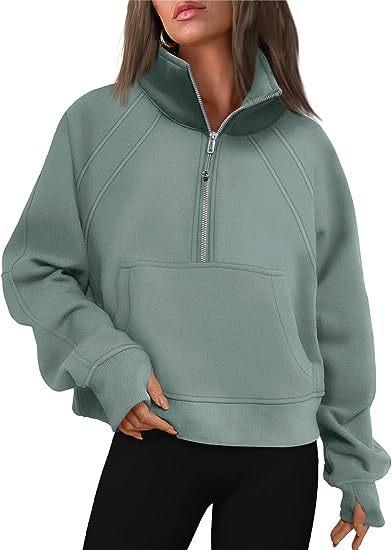 Color-Green-Women Clothing Half Zipper Short Stand Collar Thumb Hole Brushed Hoody-Fancey Boutique